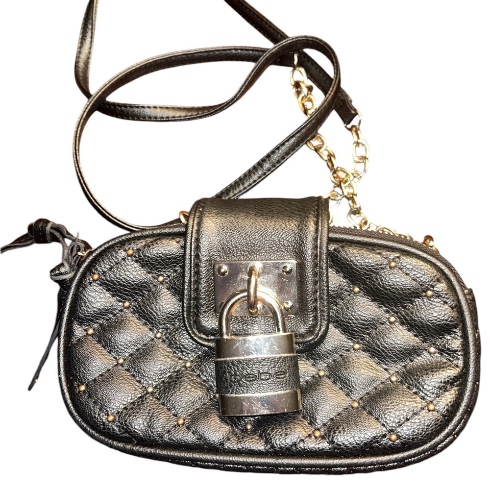 bebe Black and Gold Quilted Handbag with Padlock Detail